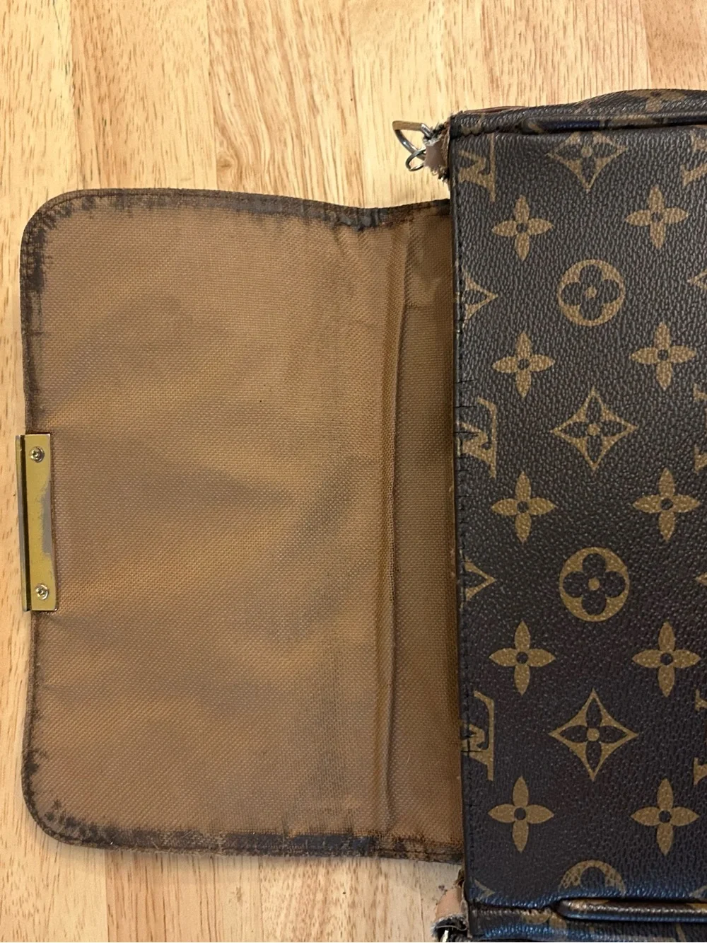 Designer Inspired Brown Monogram Canvas Clutch with Gold Plaque